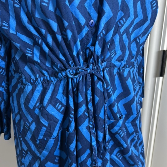 Gudrun Sjoden Blue Organic Cotton Dress Geometric Patterned Cinched Waist Sz L - Picture 3 of 14